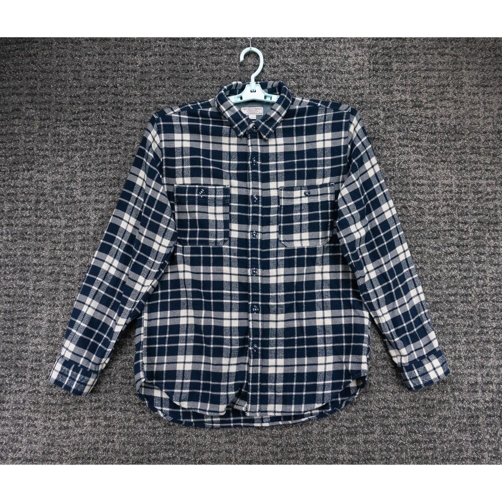 Wallace & Barnes Flannel Shirt Mens Large Blue Ivory Plaid Cotton Casual Outdoor